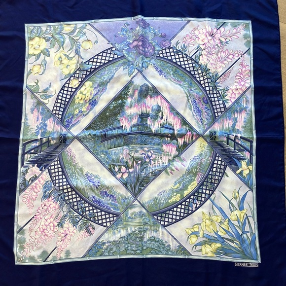 Rare VINTAGE Hermes Silk Scarf Giverny garden Laurence Bourthoumieux Blue Monet - Picture 1 of 15